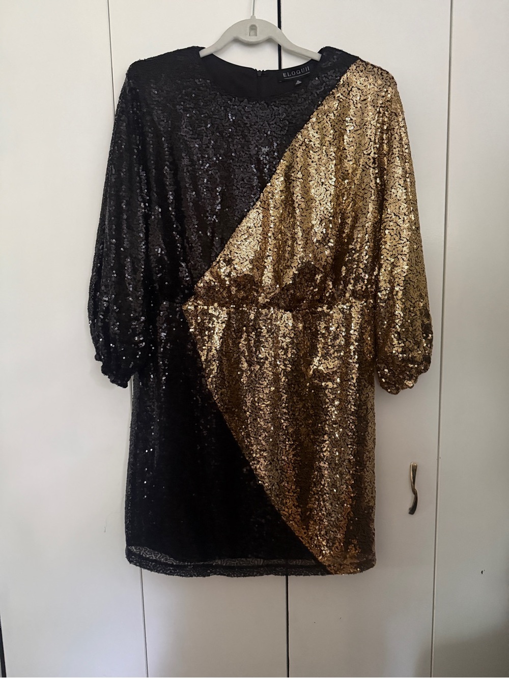 Eloquii Black and Gold Sequin Diagonal Mini Dress